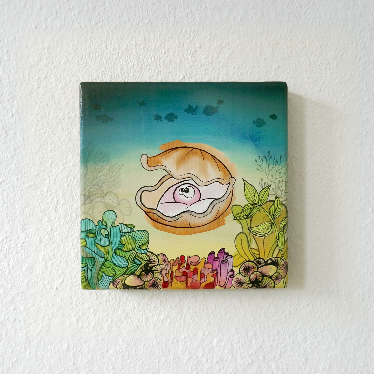 Handgemaakte wenskaart - Oyster - On Wood - Art by Margreet Rijlaarsdam